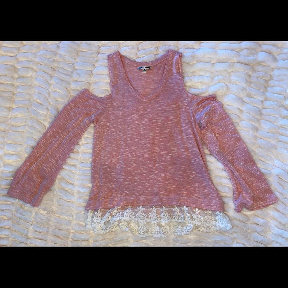 Pink cold shoulder blouse with lace trim